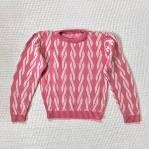 Vintage 80s Womens Pink and White Faux Cable Knit Pattern Sweater, Small/Medium