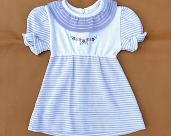 Vintage Girls Purple Knit Dress for Spring—Embroidered Floral Baby Dress—12 Months