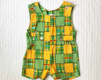 Vintage Green and Yellow Baby Romper Overalls from Kmart, Unisex 9 Months