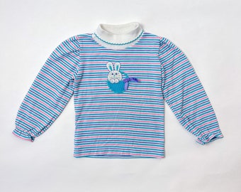 Vintage 80s Girls Striped Bunny Turtleneck—Easter Spring Shirt Made in USA—4T