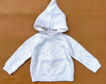 Vintage Girls White Hooded Sweater—Knit Jumper with Hood and Back Zipper—12 Months