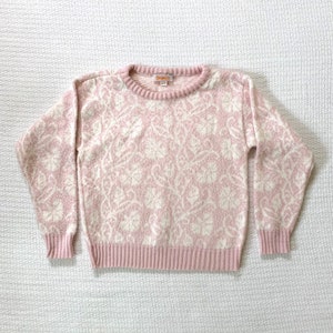 Vintage 80s Womens Pink and White Floral Pattern Acrylic Sweater, Made in USA