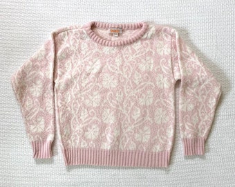 Vintage 80s Womens Pink and White Floral Pattern Acrylic Sweater, Made in USA