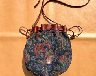 Vintage 90s Liz Claiborne Italian Tapestry Leather Drawstring Bag