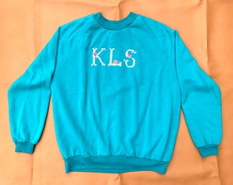 Vintage Womens Crew Neck Sweatshirt with Cross Stitch Monogram, Size Large