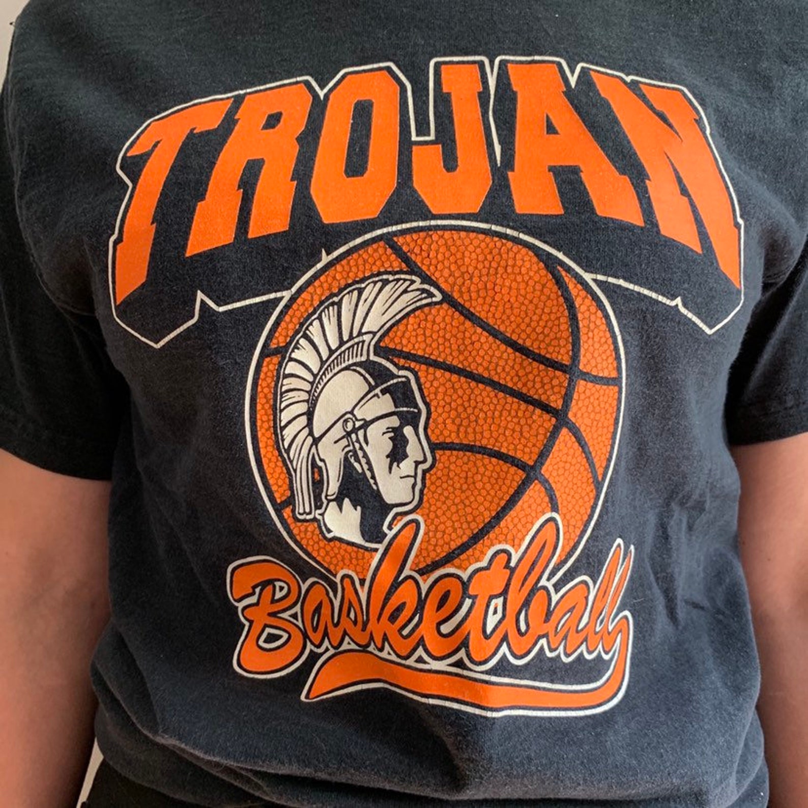 Vintage 90s Trojan Basketball Graphic Tshirt, School Sports Mascot