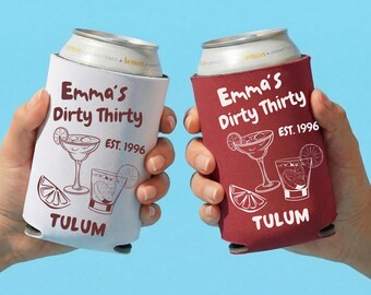 Enfriador de latas Dirty Thirty Birthday, recuerdo personalizado para fiesta de cumpleaños, funda personalizada para latas, soporte para bebidas para cumpleaños tropicales