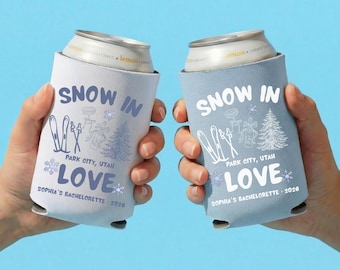 Snow In Love Bachelorette Can Cooler, Winter Bachelorette Party Favor, Ski Bride Trip Can Cooler, Custom Bachelorette Drink Sleeve
