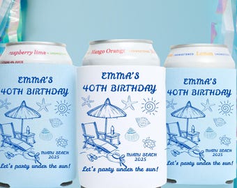 Enfriador de latas para cumpleaños con temática playera, detalle personalizado para cumpleaños, regalo para ella en sus 30, 40, 50 o 60 cumpleaños, porta latas personalizado, recuerdo para fiestas especiales