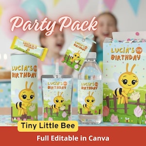 Puede incluir: Un pack de fiesta con temática de abeja, con el texto "Party Pack" en rosa. Incluye una caja de zumo, una botella de agua, una barra de caramelo y una bolsa de regalo, todos decorados con una abeja de dibujos animados y el texto "Lucia's 5th Birthday". También se ve el texto "Tiny Little Bee".