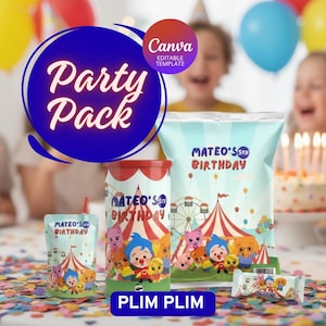 Pode incluir: Um kit de festa com um design azul e vermelho, com o texto "Party Pack" e "Canva Editable Template". O kit inclui uma bolsa para bebidas, um recipiente e uma sacola, todos com tema de circo e o texto "Mateo's 5th Birthday".
