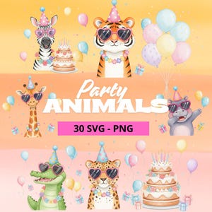 Puede incluir: Ilustración en acuarela con animales de fiesta, incluyendo una cebra, un tigre, una jirafa, un hipopótamo, un cocodrilo y un leopardo, todos con gafas de sol y sombreros de fiesta. La imagen incluye globos, regalos y el texto "Party Animals" y "30 SVG - PNG".