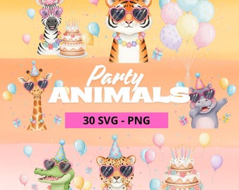 Party Animal Clipart - Watercolor - Cute Animals Png - High Quality - Colorful Birthday Clipart - Jungle Animals - Commercial Use