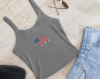 Fourth Of July Embroidered Women’s Micro-rib Tank Top, USA Crop Shirt