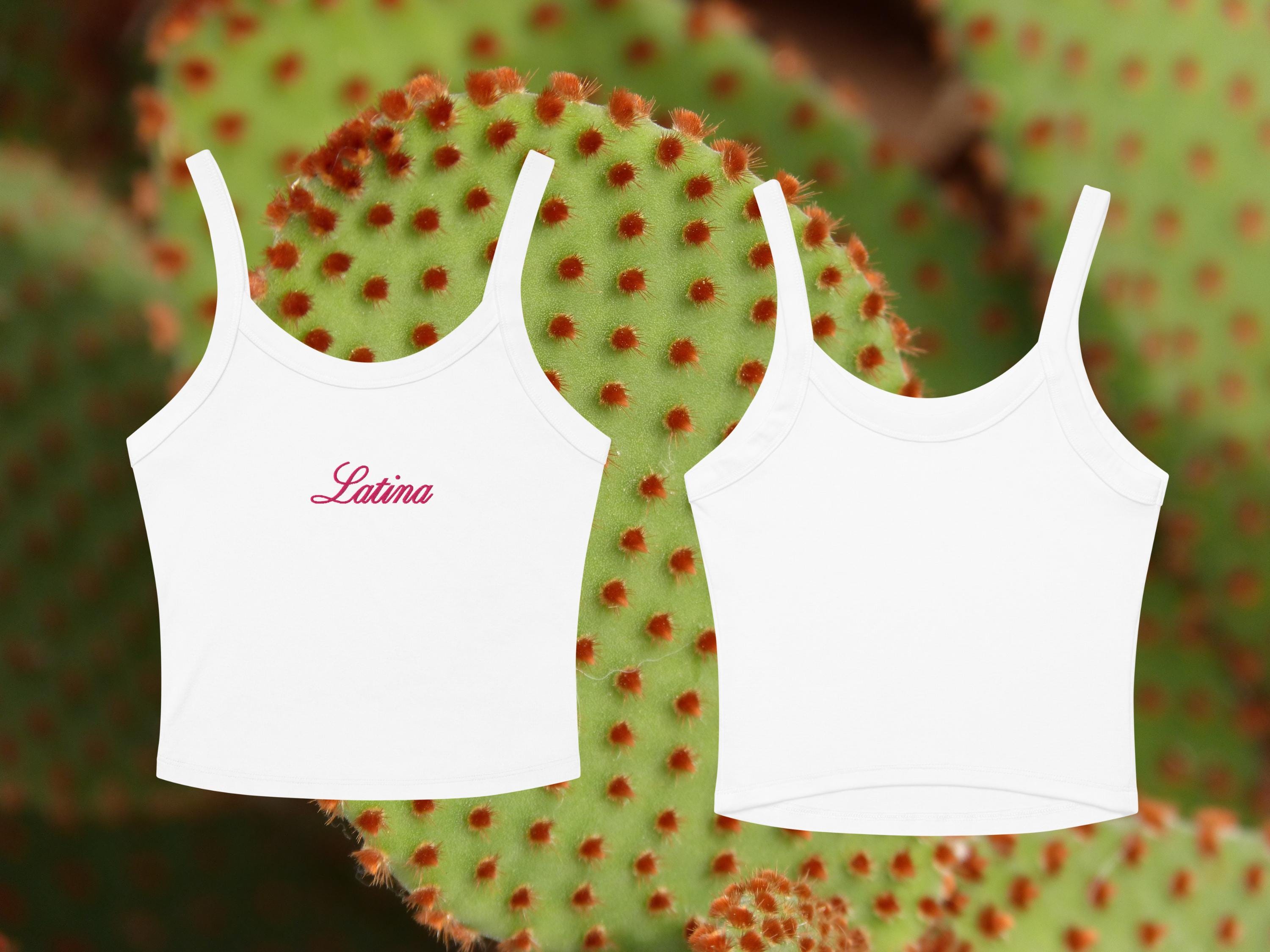 Latina Shirt: Pink Embroidery, Women's Micro-rib Mid-length Crop Tank Top, Latina Owned Shop