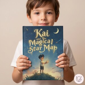 May include: A hardcover book titled "Kai and the Magical Star Map" is held by a person. The book cover features a starry night sky with a crescent moon and a cartoon illustration of a boy holding a map. The title is in gold lettering.