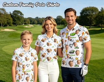 Benutzerdefiniertes Gesichts-Poloshirt für Golfer, Gesicht auf dem Hemdgeschenken für Ehemann, personalisiertes Kurzarm-Golf-Hemd, kundenspezifisches Polo für Golfer / Mutter / Vater / Sohn