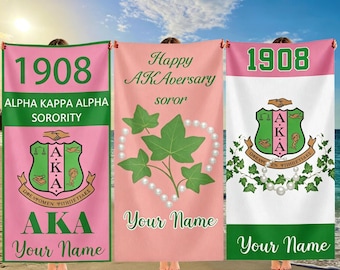Personalized AKA Sorority Beach Towel | Custom Alpha Kappa Alpha Towel with Name, 1908 Crest | Perfect Gift for Soror, Summer & Greek Life