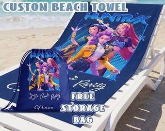 Custom K-pop Huntrix Beach Towel, Personalized Anime Girl Demon Hunter Towel, Custom Name Pool for Girls, Perfect Beach Gift for Kids