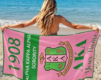 Personalized AKA Sorority Beach Towel | Custom Alpha Kappa Alpha Towel with Name, 1908 Crest | Perfect Gift for Soror, Summer & Greek Life