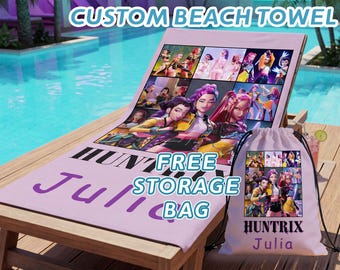 Toalla de playa personalizada Kpop Huntrix para niñas, toalla de arte de anime Demon Hunters con nombre personalizado, linda toalla de baño de anime Kpop para niñas