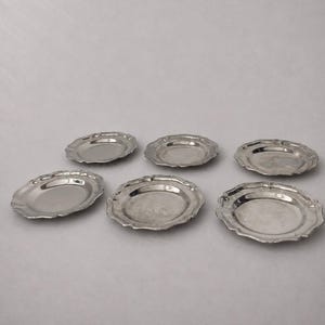 Op de afbeelding: Een set van zes kleine, ronde, zilverkleurige metalen bordjes met geschulpte randen. Elk bordje heeft een glad, reflecterend midden en een licht verhoogde, decoratieve rand. De bordjes zijn in een groep op een neutraal oppervlak geplaatst.