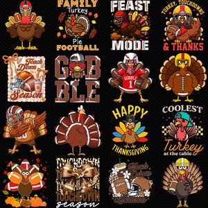 Bundel met PNG-afbeeldingen van een voetbalkalkoen voor Thanksgiving, kalkoen-touchdown PNG, grappig ontwerp van een voetbalkalkoen, sublimatie voor herfstwedstrijden, digitale download
