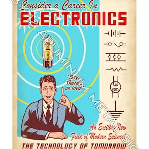 May include: A vintage-style advertisement for a career in electronics. The ad features a cartoon man pointing to a vacuum tube with the text "Say... There's an Idea!" and the words "Consider a Career in Electronics" in red letters. The ad also includes various electronic circuit diagrams.