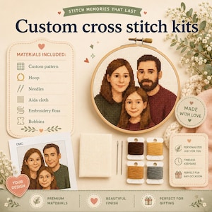 May include: Custom cross stitch kit featuring a family portrait. The kit includes a custom pattern, hoop, needles, Aida cloth, embroidery floss, and bobbins. The image shows a finished cross-stitch portrait in a wooden hoop, along with the kit's components.