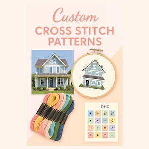 May include: An image promoting custom cross stitch patterns. It features a completed cross-stitch of a house in a wooden hoop, a photo of a house, a colour chart, and bundles of colourful embroidery floss. The text "Custom CROSS STITCH PATTERNS" is at the top.