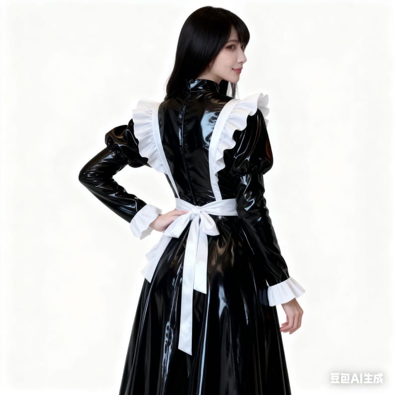 Customized Sexy French Maid Latex Dress Ruffs Cuffs on Apron Zipper at ...