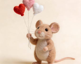 Needle Felted Mouse Figurine, Handmade Wool Mouse Doll with Rose, Cute Animal Collectible, Mini Felt Animal Decor, Gift for Mouse Lovers