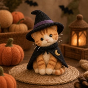Può includere: Una statuetta di gatto tigrato arancione in lana infeltrita che indossa un cappello da strega nero con una fascia viola e un mantello nero abbinato con un piccolo emblema a mezzaluna dorata. Il gatto ha zampe e petto bianchi, aspetto lanoso.