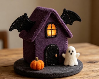 Purple Haunted House Felt Decor, Cute Ghost and Bat Halloween Figurine, Mini Spooky Cottage, Whimsical Autumn Tabletop Decoration