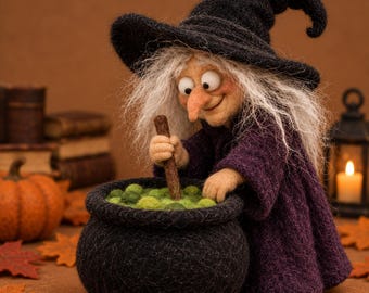 Felt Witch With Cauldron, 3.15 in Halloween Witch Figurine, Whimsical Spooky Decor, Autumn Shelf Ornament, Witch Lover Gift