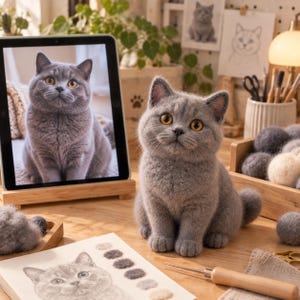 Può includere: Una statuetta di gatto grigio in lana infeltrita con occhi color ambra è posizionata su una superficie in legno accanto a un tablet che mostra la foto dello stesso gatto. Uno schizzo di gatto e gomitoli di lana grigia e bianca sono sul tavolo.