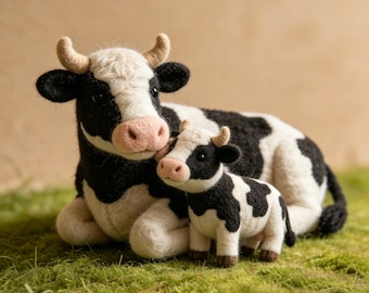 May include: A needle-felted black and white cow figurine lying down, accompanied by a smaller standing needle-felted black and white calf figurine. Both figures feature soft white and black wool patches, small tan horns, and pink noses.