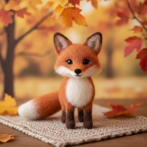 May include: A handmade orange fox figure with a white chest and tail tip, and dark brown legs and ears. The fox is standing on a beige woven mat, with a blurred autumn background of leaves and trees.