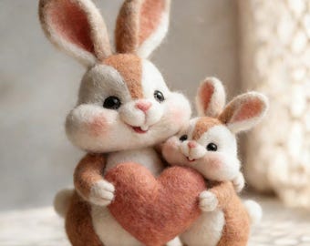 Needle Felted Bunny Gift, Wool Rabbit Figurine with Heart, Rose & Tuxedo, Cute Miniature Animal Art, Perfect Gift For Your Loved One