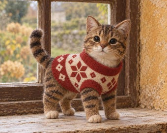 Felt Calico Kitten Ornament 3.15 in, Cat in Burgundy Plaid Dress, Small Animal Collectible, Cozy Cottage Shelf Decor