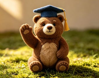 Cute Graduation Bear Doll, Handmade Felt Teddy, Wool Graduate Plush Toy, Student Gift Keepsake
