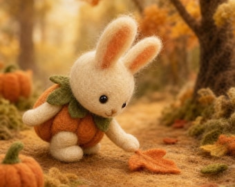 Mini Felt Rabbit Figurine, Handmade Woodland Bunny Sculpture, Pumpkin Fall Decor, Needle Felted Animal Character, Rustic Cottage Gift, 8cm