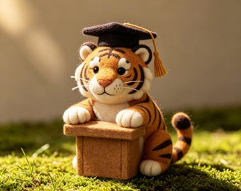 Graduation Tiger Plush Gift, Needle Felted Wool Tiger, Cute Graduate Animal with Gift Box, Unique Graduation Gift