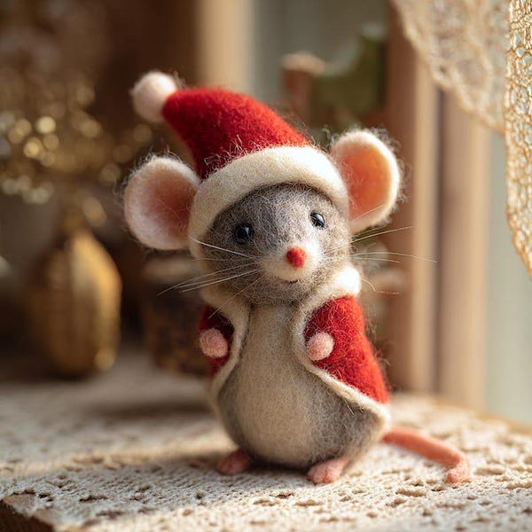 Handmade Felt Christmas Mouse | Cute Needle Felted Mouse in Santa Hat | Wool Felt Animal Figurine | Holiday Decor | Christmas Gift for Her