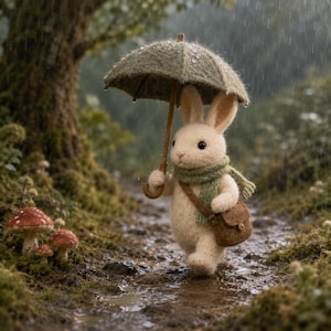 Puede incluir: Un conejito color crema, con una bufanda verde y una bandolera marrón, camina por un sendero embarrado bajo un paraguas verde. La lluvia cae en una escena de bosque caprichosa, con setas cerca.