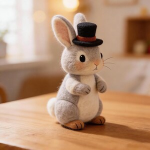May include: A plush gray and white rabbit wearing a black top hat with a brown band. The rabbit has pink cheeks, brown feet, and long ears. It is standing on a wooden surface.