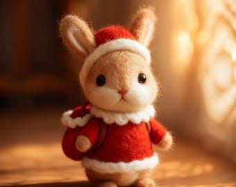 Handmade Wool Felt Christmas Rabbit | 8cm Needle Felt Bunny Plush | Cute Christmas Decor | Holiday Gift | Felt Animal Ornament | Xmas Doll