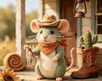 Cute Felt Cowboy Mouse, Handmade Wool Animal Ornament, Mini Western Mouse Decor, Cottagecore Mouse Figure, Rustic Shelf Decoration
