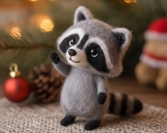 Cute Felt Raccoon Ornament, Wool Raccoon Figurine, Woodland Animal Decor, Christmas Miniature, Handmade Raccoon Gift, Winter Holiday Decor
