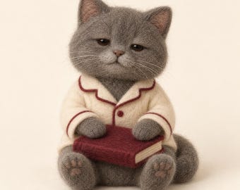 Cute Felt Cat Figurine 3.15 in, Calico Kitten Wearing Pajamas, Book Lover Ornament, Cozy Bookshelf and Desk Decor
